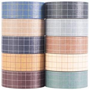 Grid Washi Tape Set 10 Rolls Plaid Decorative Tapes for Journals, Planners, Scrapbooking, Gift Wrapping, DIY Crafts (Fog City)