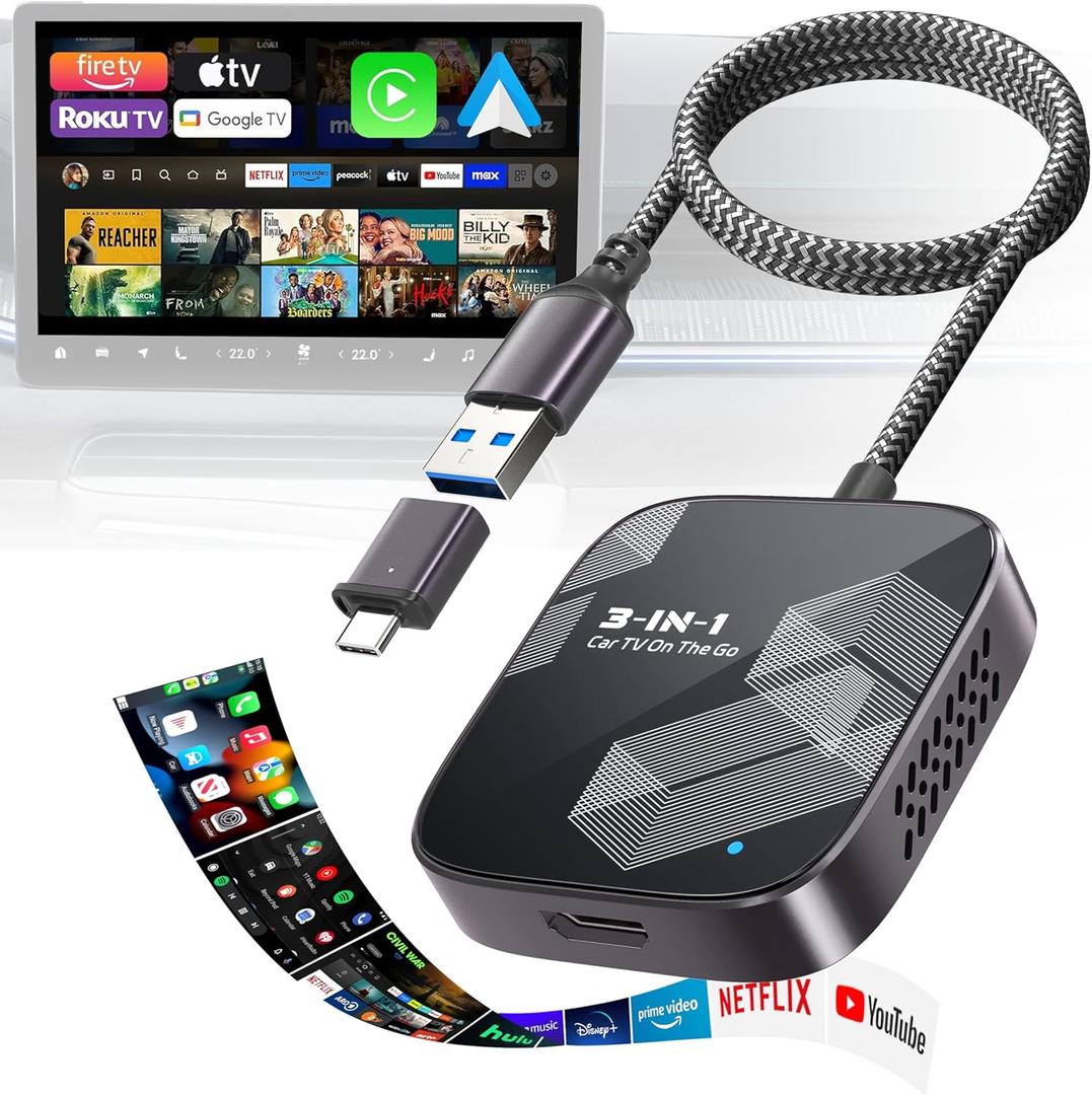 3in1 Wireless CarPlay Adapter 2026, Android Auto & Car Play Converter with HDMI Input for Fire TV Stick, Screen Mirroring & Streaming for Netflix/YouTube, Metal&Glass Case, Fit for 2016+ Cars Black