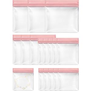 Anti Tarnish Jewelry Bags, Small Travel Ziplock Jewelry Pouches Clear Plastic, 16 Pack Eva Mini Storage Organizers Bag for Silver Gold Earrings Ring Necklace (Pink, Assorted Sizes)