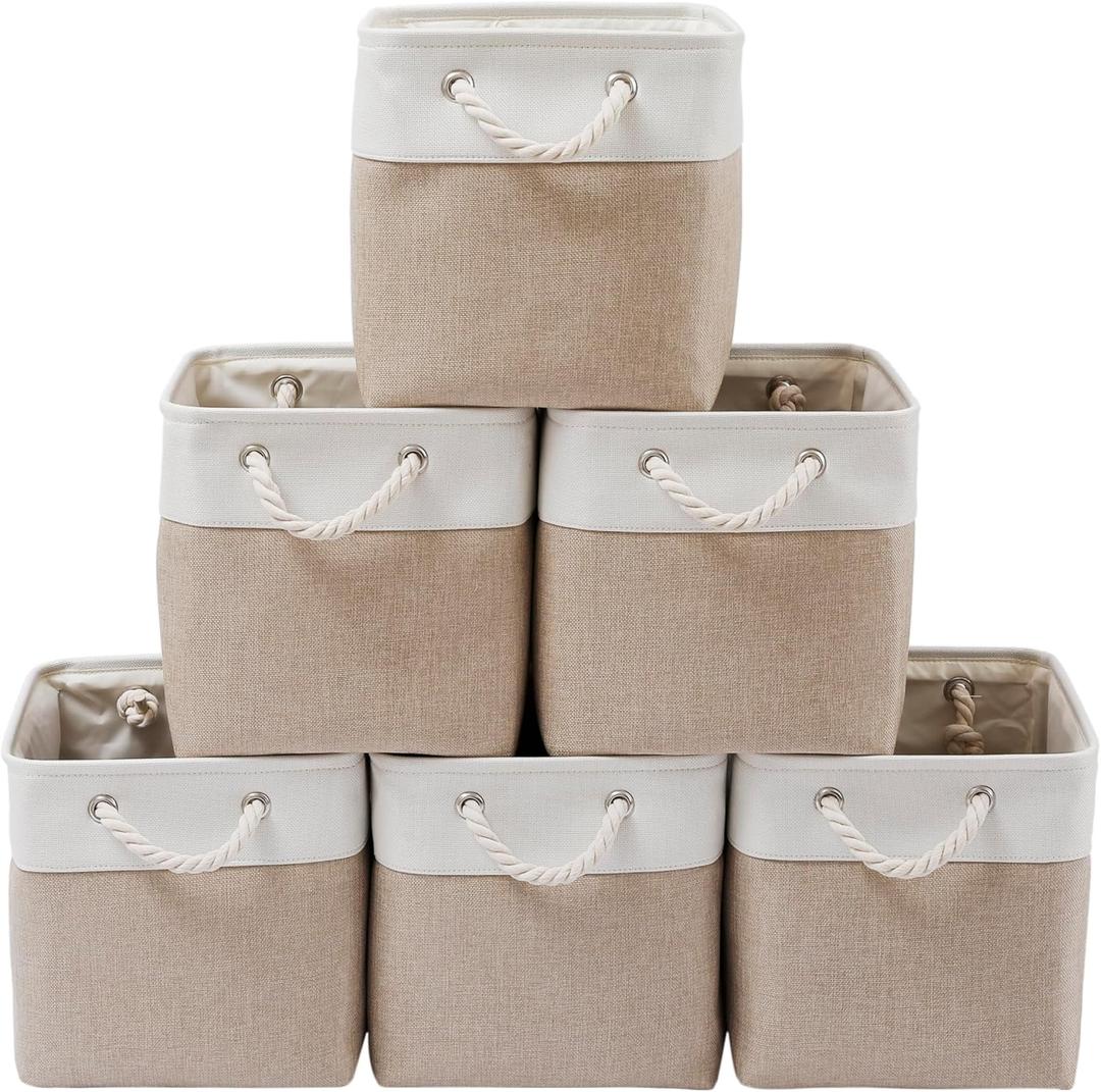 13 x 13 Inch Cube Storage Bins, 6 Pack Extra Large Collapsible Fabric Storage Bin with Ropes, Foldable Storage Cubes for Home (White & Beige-13"x13"x13")