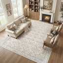 WITSHOCK 10x13 Living Room Area Rugs, Vintage Washable Rugs Non-Slip Large Carpet for Bedroom Office Dining Room Kitchen, Soft Thin Stain Resistant Retro Floral Rug, Camel/Beige