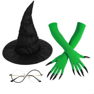Halloween Witch Costume Set - Witch Hat, Glasses & Green Gloves for Women Cosplay, Movie Props & Party Accessories