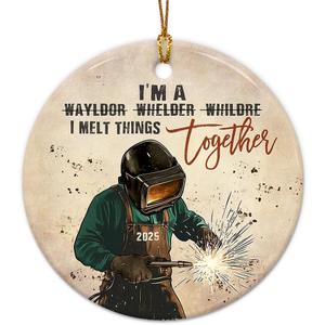 Welding Christmas Ornament 2025 - Patriotic Welder Gift for Men, Ironworker, Metal Worker - Welder Ornament for Men, Women, Dad, Brother, Husband, Ceramic Blue Collar Pride Holiday Decor Gifts