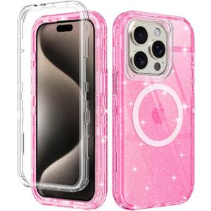 I-HONVA for iPhone 15 Pro Case Clear [Non Yellowing] [Compatible with MagSafe] Shockproof 3-Layer Full Body Protection Rugged Heavy Duty Cover Case for Apple iPhone 15 Pro 6.1",Clear Pink Glitter