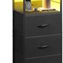 WLIVE LED Nightstand with Charging Station, Black Night Stand with 3 Fabric Drawers and Storage Shelf, Small Dresser for Small Space, 31.9" H Bedside Table with USB Ports and Outlets for Bedroom