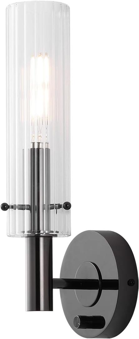 BYOLIIMA Black Bathroom Vanity Light Fixtures with Striped Clear Glass Shades Modern Wall Sconces Dimmer ON/Off Switch Indoor Wall Light for Mirror Living Room Bedroom Hallway Staircase