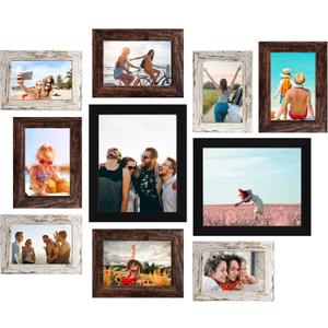 LUCKYLIFE Picture Frame Set 10-Pack, Gallery Wall Frame Collage with 8x10 5x7 4x6 Frames in 3 Different Finishes (Black & Brown & Distressed white)