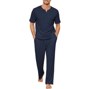 JiniGolla Men Lounge Set Comfy Sleepwear Short Sleeve Pjs Set Soft 2 Piece Pajama Cozy Nightwear with Pockets (Medium, Navy Blue)