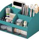 Desk Organizer with 6 Compartments and 2 Drawers, Plastic Makeup Organizer, Pen Holder for Desktop Storage, Desk Organization for School, Home, Office Supplies (Dark Green)