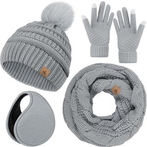 Winter Hat Scarf Gloves and Ear Warmer, Warm Knit Beanie Hat Touch Screen Gloves Set Winter Gifts Neck Scarves for Women (Light Gray)