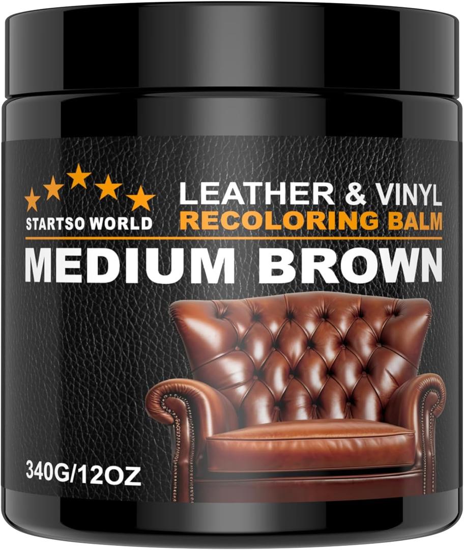 STARTSO WORLD Leather Recoloring Balm 12oz, Repair Kit for Furniture, Dye, Color Restorer for Couches - Repair, Faded Leather - Medium Brown