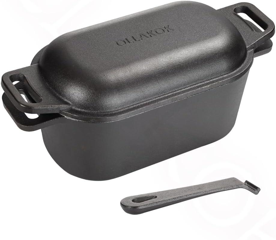 OLLAKOK 2in1 PreSeasoned Cast Iron Dutch Oven Pot with Lid as Skillet, Grill Pan, with Lid Lever, Dual Loop Handles, Oval Heavy Dutch Oven for Bread Baking, Frying, Camping, BBQ, 3.8 QT Black
