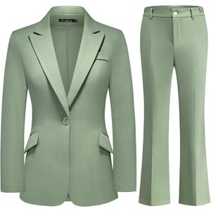 Women's Suit 2 Piece Set Pinstripe Blazer and Bootcut Dressy Pants Set for Work Office Business Outfits (Large, Green)
