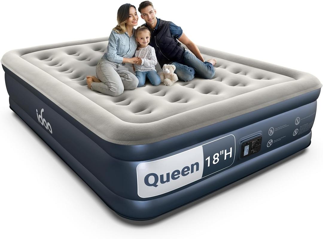 iDOO Queen Air Mattress with Built in Pump, 18 Raised Comfort Inflatable Mattress Blow up Mattress, Upgraded Four Chamber Portable Air Bed for Camping, Guests and Home, Colchon Inflable, 650 lbs Max (Grey)