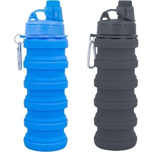 Collapsible Water Bottles Travel water bottle Sports Portable Sport Water Bottle Reusable Water Bottles comes with mountaineering Buckle 500ml silicone Water-proof camping water bottle (Blue+Grey, With Foldable Cups)