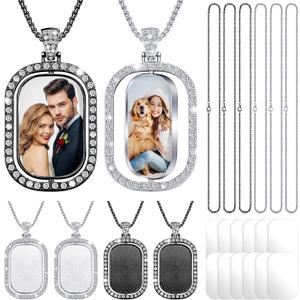 Junkin 24 Pcs Sublimation Rhinestone Trays Pendant Set, Including 6 Double Sided Blank Rhinestone Bezel Trays, 6 Pcs Thick Chains with 12 Sublimation Discs for Making (Black, Silver)