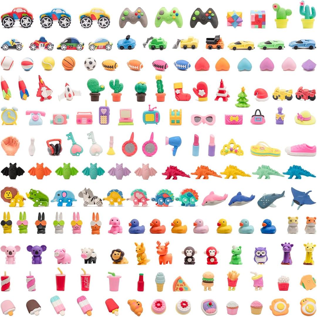 156pcs 3D Cute Kids Erasers, Random Desktop Pet Toys Gifts, Classroom Rewards Kids Party Gifts, Various Styles Such as Animals, Food, Plants, Space, Princess, Sports, Halloween, Christmas