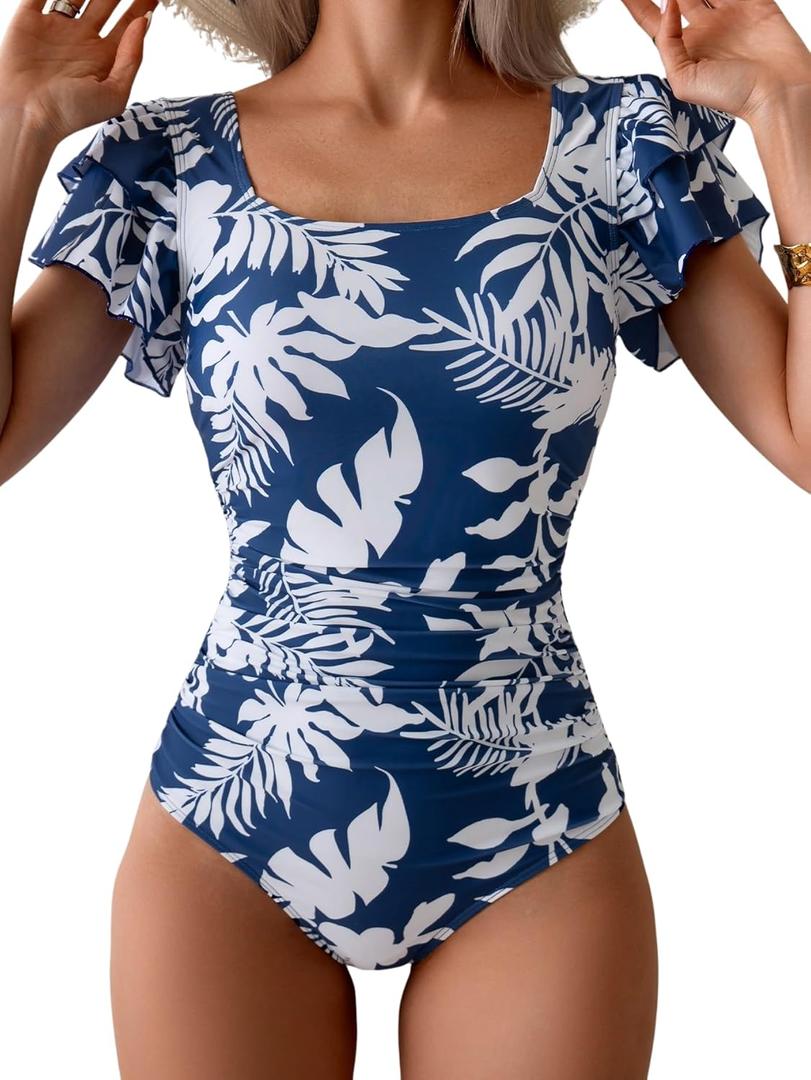 Eomenie Women's Tummy Control One Piece Swimsuit Ruffle Square Neck Bathing Suit Ruched Cutout Back Slimming Swimwear (Medium, Navy Blue Print)
