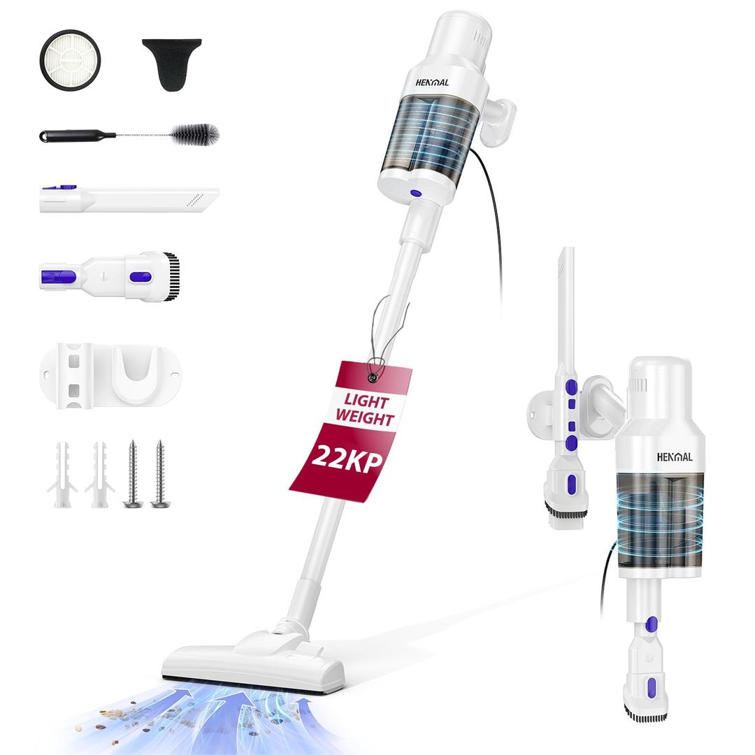 HENMAL Corded Electric Vacuum Cleaner H01,600W 22KPA Full-Size Stick Cleaner with 800ML Dual-Layer Cyclone Dust Cup,HEPAFiltration,Lightweight&Low Noise for HardFloor,Pet,Carpets