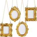 DoubleFill 4 Pcs Mini Gold Small Picture Frames Tiny Vintage Photo Frames Antique Resin Oval Rectangle Hanging Ornament with Back and Chain for Home Wedding Christmas Supply (Classic Style)