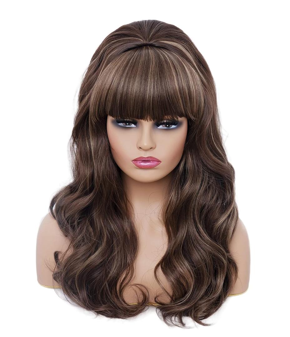 Rugelyss Long Brown Mixed Wig with Bang Retro Bouffant Beehive Wigs fits 80s Costume or Halloween Party
