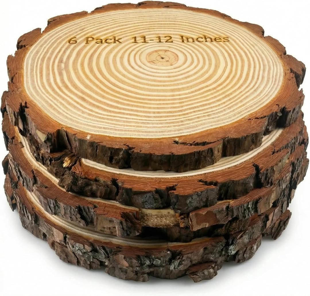 SENMUT Large Wood Slices for Centerpieces, 11-12 Inch, Natural Unfinished Round, Set of 6, for Rustic Wedding, Party Decorations and DIY Crafts