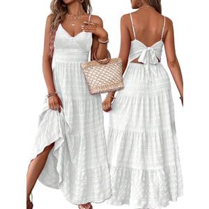 Narecte Women Summer Beach Dresses Maxi Dress Spaghetti Strap Flowy Casual Dress Bohemian Dresses for Vacation & Holiday (White) XS
