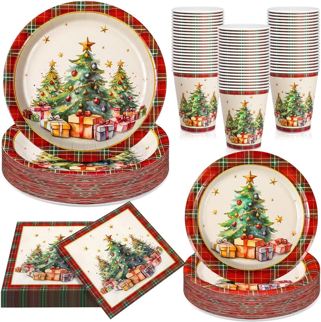 Domensi 200 Pcs Vintage Christmas Party Supplies Tableware Set for 50 Guests, 7 & 9 Inch Xmas Paper Plates and Napkins 9 oz Disposable Cups for Holiday Party Decoration(Christmas Tree)