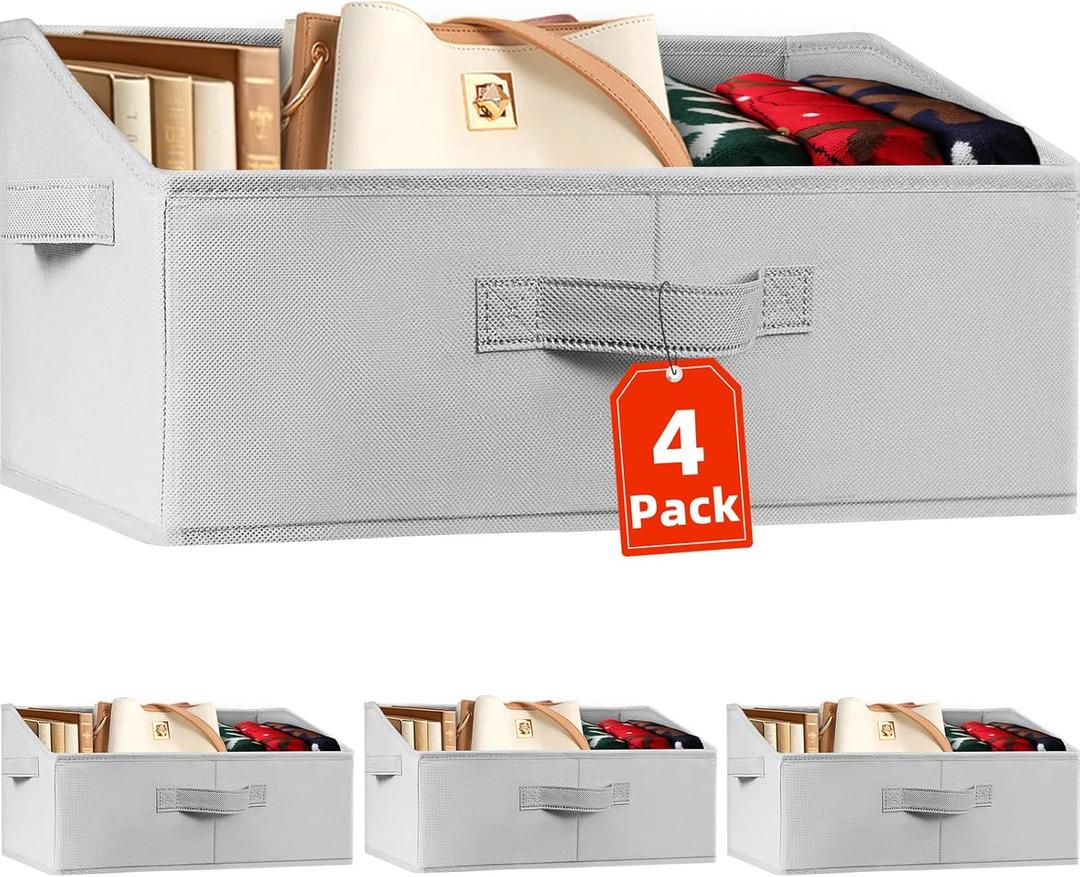 Criusia 4 Pack Large Closet Shelf Organizer Bins with Handles - Fabric Trapezoid Storage Baskets for Clothes, Towel, Blanket, Purse, Hats (Grey)