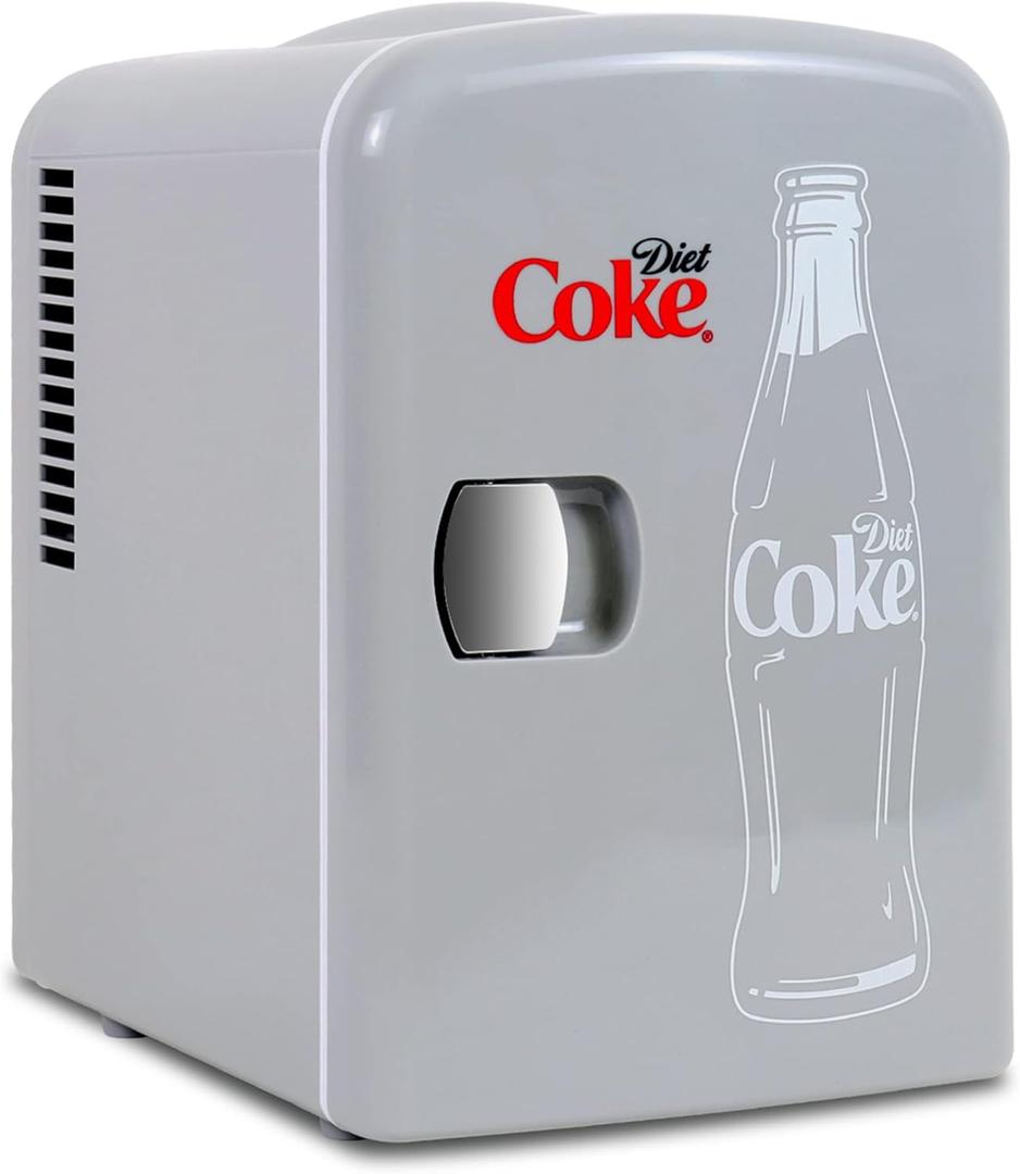 Coca-Cola Diet Coke 4L Portable Cooler/Warmer, Compact Personal Travel Fridge for Snacks Lunch Drinks Cosmetics, Includes 12V and AC Cords, Cute Desk Accessory for Home Office Dorm Travel, Grey