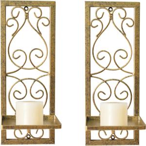 Metal Wall Candle Sconce Candle Holder Set of 2, Antique Gold Wall Mount Candle Holder Minimalist Line Metal Wall Art Decor Candle Sconces for Living Room Fireplace Wedding Farmhouse