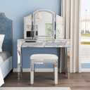Mirrored Vanity Stool with Crushed Diamond Inlay Velvet Cushion 19.7'' Tall Stylish Makeup Chair for Bedroom, Vanity Chair, Ottoman for Living Room, White