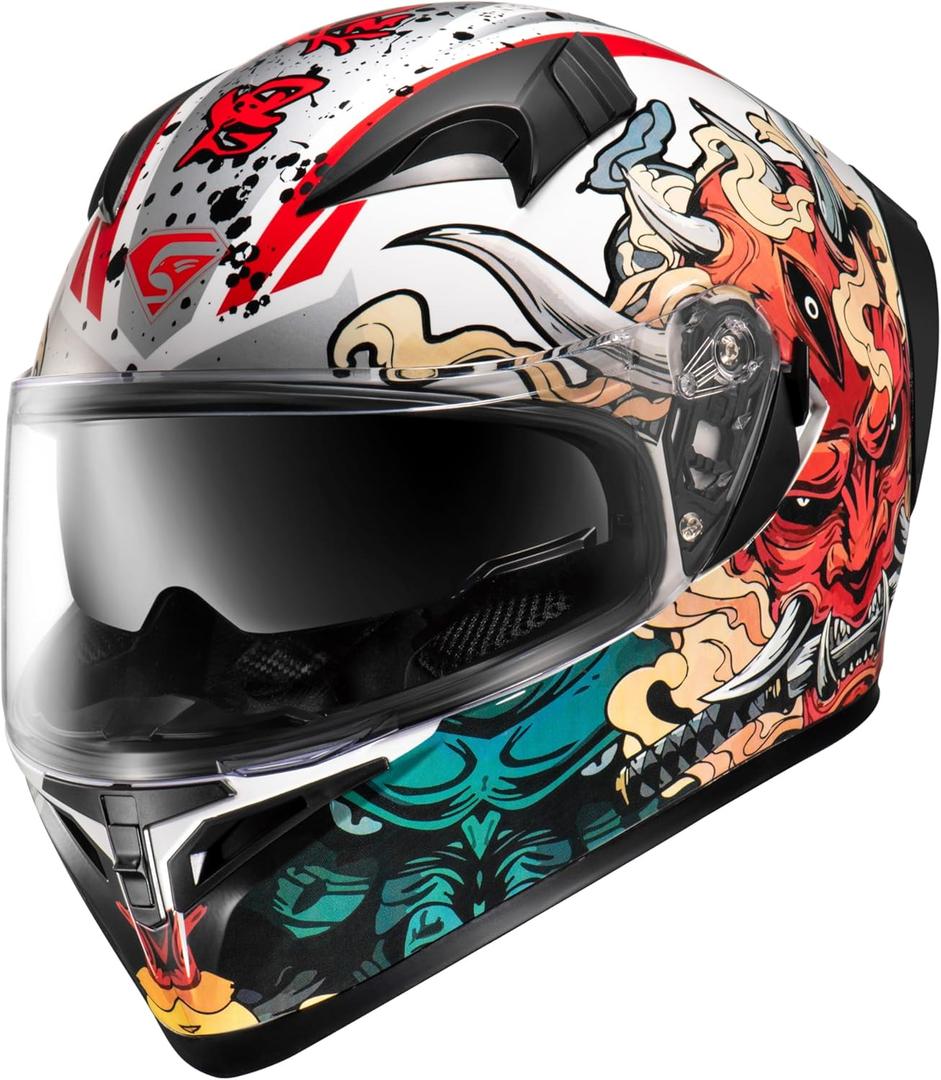 KYPARA Full Face Motorcycle Helmet with Internal Tinted Visor & DOT Approved for Moped ATV Cruiser Scooter (White Samurai Spirit, Large)
