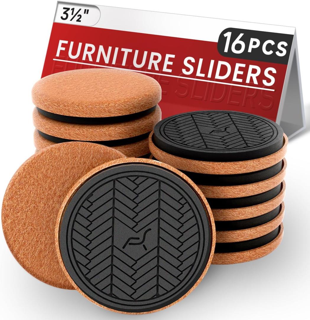 Felt Furniture Sliders for Hardwood Floors, PISAO 16 PCS 3  Heavy Duty Furniture Movers - Unique Non-Scratch Design, Thick Felt Pads for Hard Surfaces, Move Large Furniture Easily (16 PCS 3-1/2")