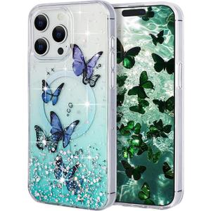 Compatible with iPhone 14 Pro Max Gradient Bling Magnetic Case,Cute Butterfly Pattern,Luxurious Shockproof ProtectioniPhone 14 Pro Max Clear Case for Man Women Girls-Blue