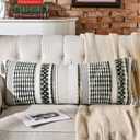 AmHoo Chenille Striped Textured Boho Throw Pillow Covers Aesthetic with Tassels Woven Decorative Pillow Case for Couch Bed Sofa Bedroom Modern Funky 14 x 36-Inch Sage Green