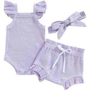 Newborn Baby Girl Summer Outfits Ribbed Sleeveless Romper Bodysuit Top and Ruffle Shorts Headband Clothes Sets (Purple)