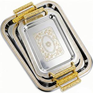 3 Pack Stainless Steel Serving Tray with Gold Handle Silver Metal Plate Platter Coffee Tea Serving Tray Floral Table Platter for Buffet Wedding Party Jewelry(Rectangle)