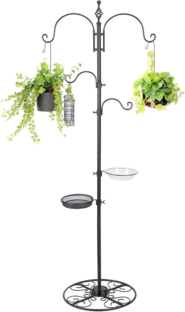 Adjustable Shepherd Hook Stand, 34"- 55" Black Iron Shepherd Hook with Base for Plant Hanging, Wind Chime & Bird Feeder - Outdoor Garden Porch Decoration (Basic Style)