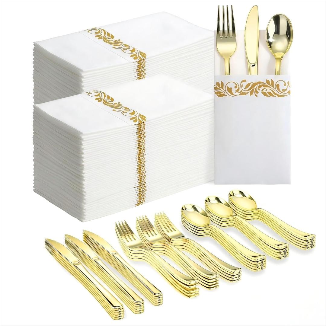 Goodluck 400 PCS Gold Plastic Silverware with Pocket Napkins for 100 Guests, Heavy Duty Disposable Cutlery Set & Linen Feel Napkins, Plastic Flatware with Guest Towels for Wedding, Party and Catering