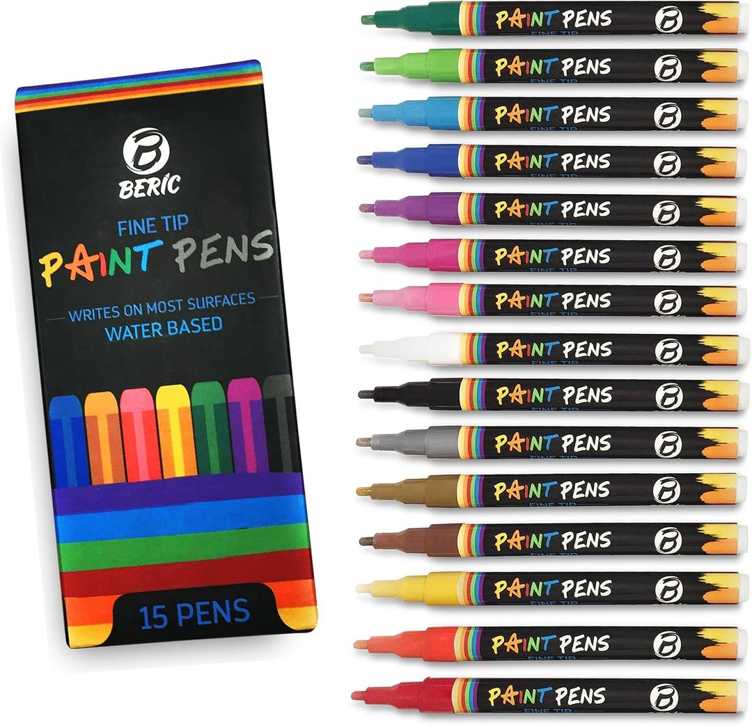 Beric Premium Paint Pens 15 pack, Water-based, Marker, Fine Tip, Writes on Almost Anything, Water and Sun Resistant Vibrant Colors Low Odor Long Lasting, Fast Drying Assorted Colors