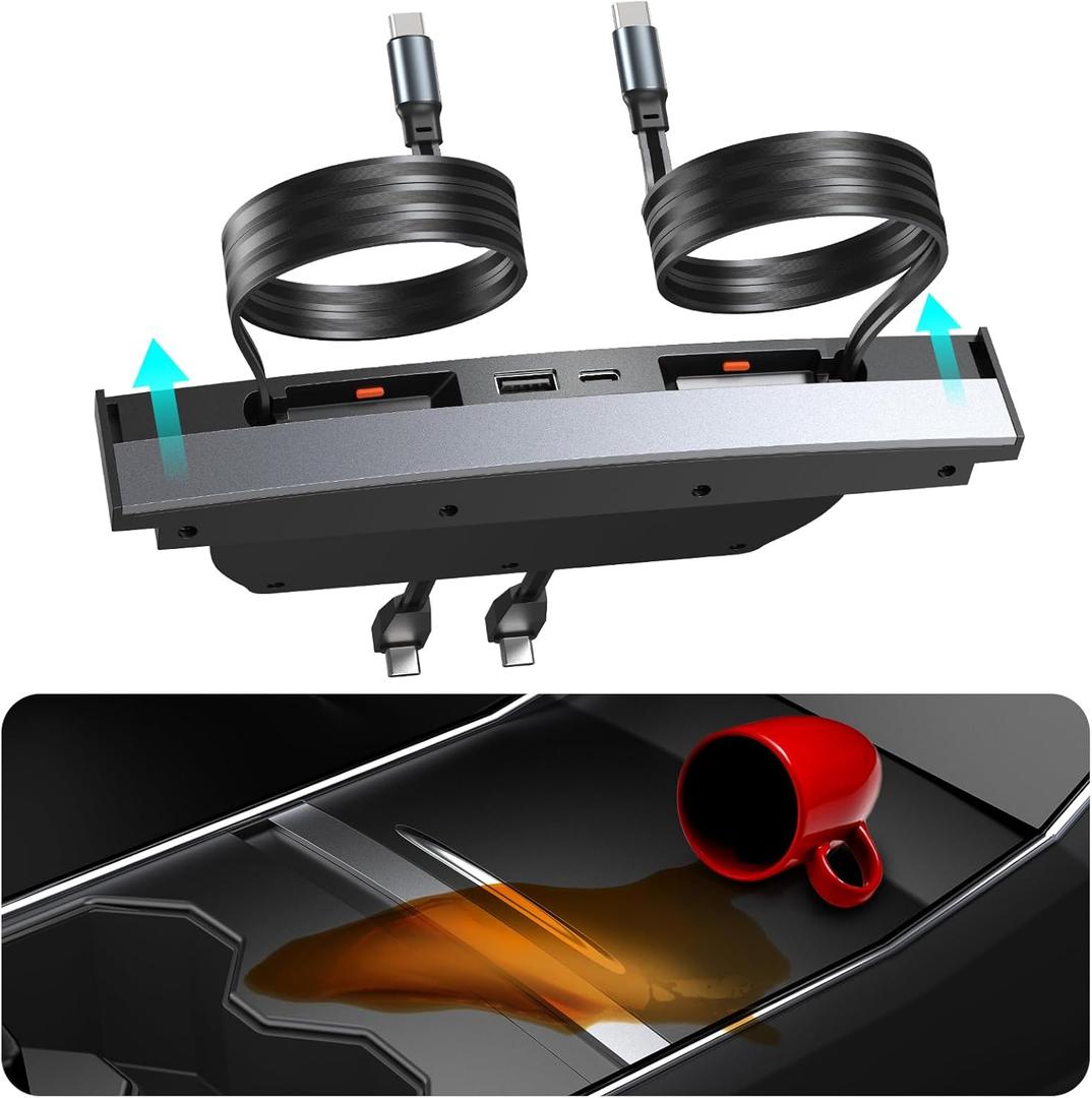 Upgrade Tesla USB Hub for Tesla Model 3&Y Waterproof - 4Ports Fast Chargr for Model Y/3 Accessories 2023 2022 2021 Retractable Docking Station, 2 Type-C Fast Charging Cables (Not Fit Model 3 2024)