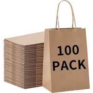 BAG BOX 100 Pcs Medium 8.25x4.3x10.6 Inch Brown Kraft Paper Gift Bags with Handles for Bulk Wedding, Party Favors, Grocery, Shopping, Retail Merchandise, Gift Sacks