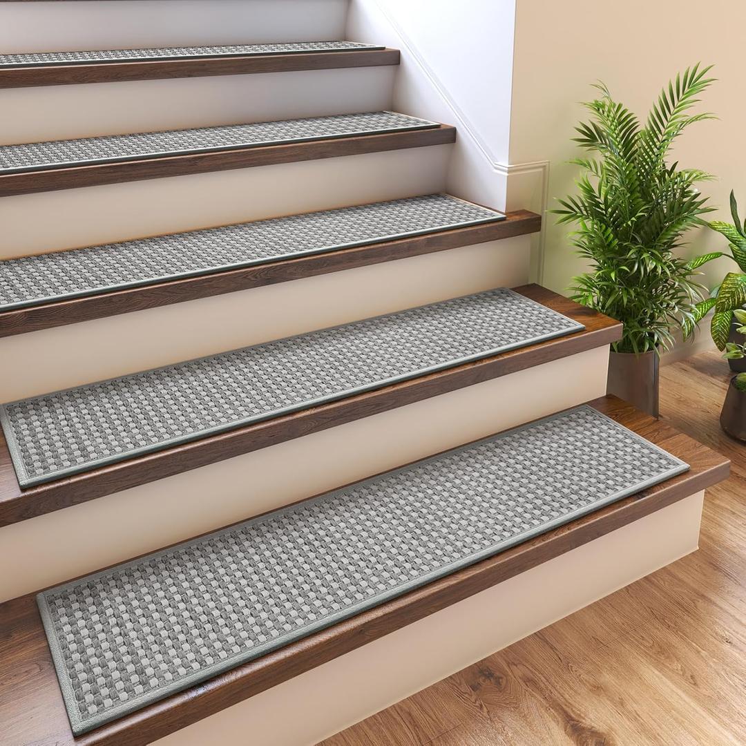 15PC Stair Treads Non-Slip Washable Peel and Stick Stair Treads for Wooden Steps Indoor Reusable Stair Carpet Treads Adhesive Stair-Runner Rugs for Kids and Dogs Elder8"x30" Gray
