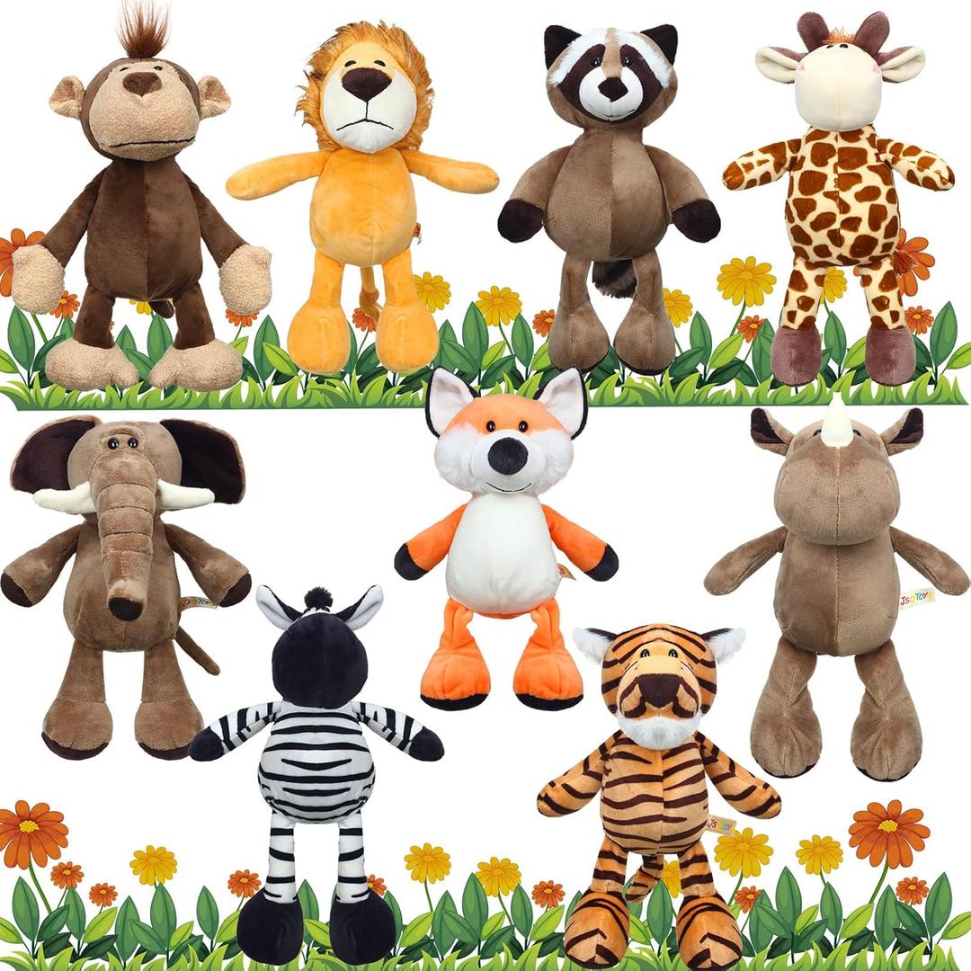 Zhanmai 9 Pieces Safari Stuffed Animal Toys Set 11 Inch Plush Jungle Animal Toys Plush Includes Tiger Lion Elephant Monkey Zebra Raccoon Rhino Giraffe for Zoo Theme Party Student Award