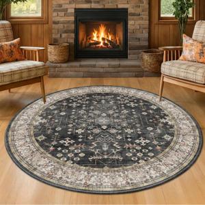 Black Boho Living Room Round Rug 6ft - Washable Dark Vintage Moody Low Pile Non Slip Circle Carpet for Bedroom, Dining Room, Home Office, Study Room, Modern Farmhouse Circular Area Rug Indoor Dcor (Ashen / Multi)