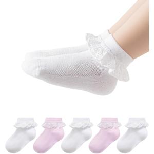 2-8Y Toddler Little Girls Cute White Ruffle Socks Dress Lace Frilly Ankle Cotton School Socks (4-6 Years)