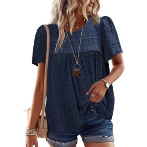 Womens Summer Tops Crewneck Short Sleeve Shirts Casual Chiffon Blouses Flowy Lace Hem Boho Clothing Trendy 2025 (4X-Large, Navy Blue)