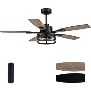 52 Inch Ceiling Fans with Lights and Remote Control, Farmhouse Ceiling Fan with LED Lighting for Bedroom Living Room and Patio, Black Caged Ceiling Fan for Indoor and Outdoor(NO Bulbs)