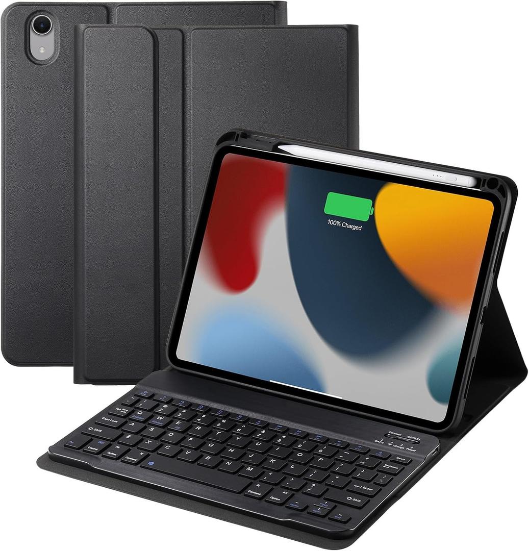 Keyboard Case for iPad A16 2025 11th Generation/ iPad 10th Gen 10.9'' 2022 Case with Keyboard, Smart Folio Cover with Pencil Holder, Slim Rechargeable Magnetic Bluetooth keyboard Detachable (Black)
